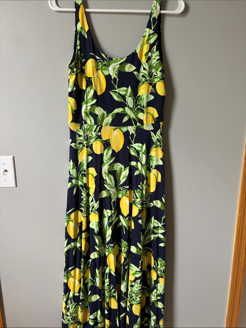 Loft Sleeveless Navy Maxi Dress with Yellow Lemon Print
